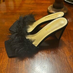 Black Marabou Heeled Sandals